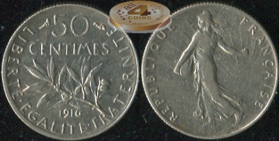Франция. 50 центимов. 1916 (VF. Серебро)