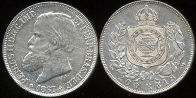 Бразилия. 200 рейс. 1867 (Unc-. Серебро)