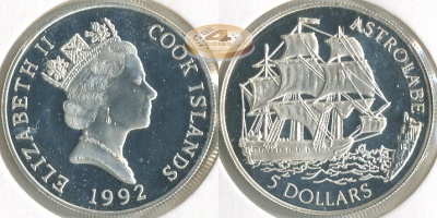 О-ва Кука. 5 долларов. 1992 (Proof. Серебро)