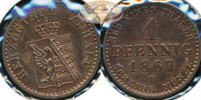 Германия (Анхальт-Дессау). 1 пфенниг. 1867 B (Unc)
