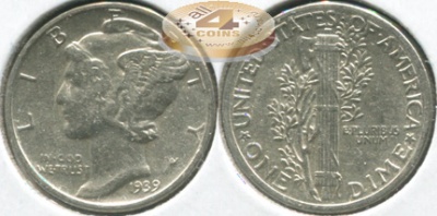 США. 10 центов [Дайм]. 1939 (XF. Серебро)