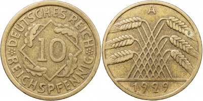 Германия [Веймарская республика]. Монета 10 рейхспфеннигов. 1929.A (J.317 / KM#40. VF/XF)