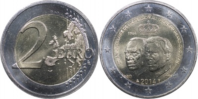 Люксембург Монета 2 евро. 2014 (Unc. Биметалл) 50-летие восшествия на трон Великого Герцога Жана