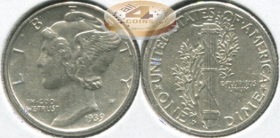 США. 10 центов [Дайм]. 1939.D (aUnc. Серебро)