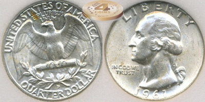 США. 25 центов. 1961 D (BU. Серебро / MS-67, слаб)