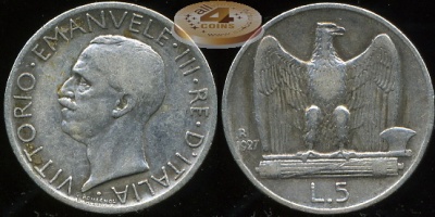 Италия. 5 лир. 1927 (VF+. Серебро)