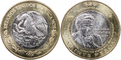 Мексика. Монета 20 песо. 2010.M° (KM#943. Unc. Биметалл) Октавио Пас. Лауреат Нобелевской премии