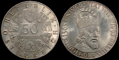 Австрия. 50 шиллингов. 1965 (Unc. Серебро) 600 лет Венскому университету