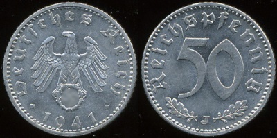 Германия (3й рейх). 50 рейхспфеннигов. 1941 (J) aUnc (редкая)