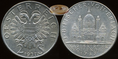 Австрия. 2 шиллинга. 1937 (Unc. Серебро)