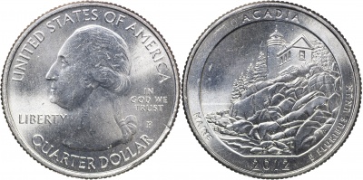 США. Монета 25 центов [Квотер]. 2012.P (KM#521. Unc) Acadia [Maine]