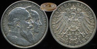 Германия (Баден). 2 марки. 1906 (G) (Unc. Серебро)