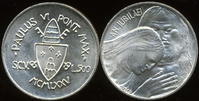 Ватикан. 500 лир. 1975 (Unc. Серебро)