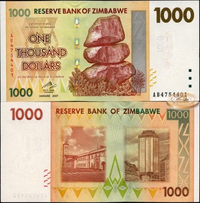 Зимбабве. 1000 долларов (Unc) 2007