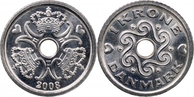Дания. Монета 1 крона. 2008 (KM#873.2. Unc)