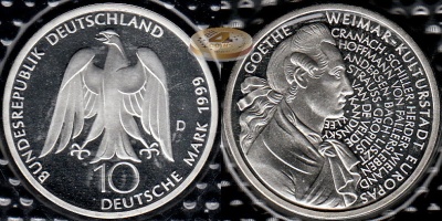 Германия (ФРГ). 10 марок. 1999 D (Proof. Серебро)