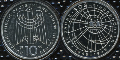 Германия (ФРГ). 10 марок. 1999 (A) (Proof. Серебро)
