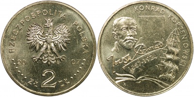 Польша. Монета 2 злотых. 2007 (KM#Y.591. Unc) 100 лет со дня смерти Джозефа Конрада