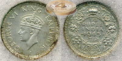 Британская Индия. 1/4 рупии. 1945 (Unc (MS-64). Слаб)