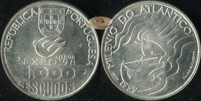 Португалия. Монета 1000 эскудо. 1999 (KM#721. Unc. Серебро) Покорение Атлантики