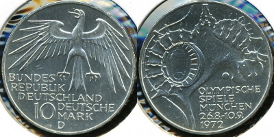 Германия (ФРГ). 10 марок. 1972 (Серебро)