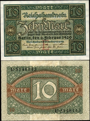 Германия (Веймарская респ.). 10 марок (aUnc+) 1920