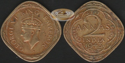 Британская Индия. 2 анна. 1943 (VF)