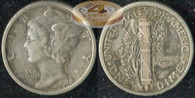 США. 10 центов (Дайм). 1918 (VF/XF. Серебро)