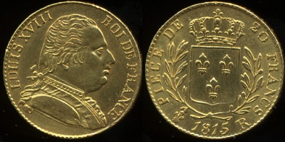 Франция. 20 франков. 1815R (XF/aUnc. Золото)