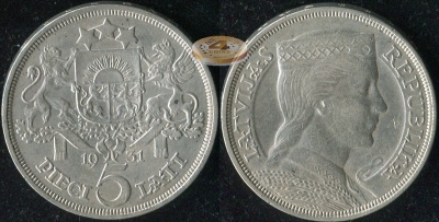 Латвия. 5 латов. 1931 (XF/XF+. Серебро)