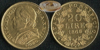 Ватикан. 20 лир. 1868 / AN: XXIII (XF. Золото)