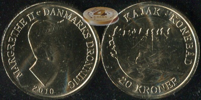Дания. Монета 20 крон. 2010 (KM#940. Unc) Умиак - Каяк. Виды лодок у эскимосов