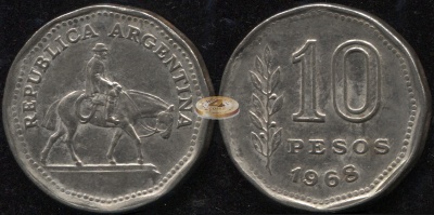 Аргентина. 10 песо. 1968 (XF+)