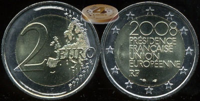 Франция. 2 евро. 2008 (Unc. Биметалл)