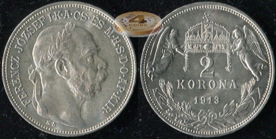 Австро-Венгрия (Венгрия). 2 короны. 1913 (Unc. Серебро)