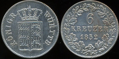 Германия (Кор-во Вюртемберг). 6 крейцеров 1852 (VF. Серебро)