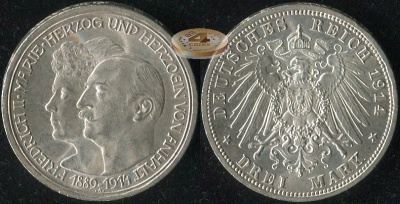 Германия (Анхальт). 3 марки. 1914.A (aUnc++/Unc. Серебро)