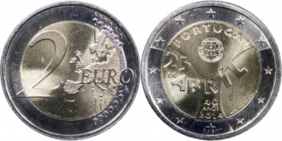 Португалия Монета 2 евро. 2014 (Unc. Биметалл) 40 лет Революции Гвоздик