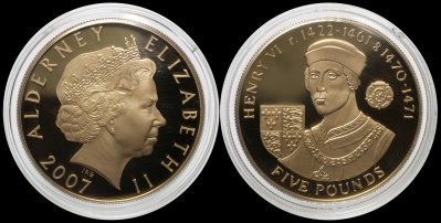 Олдерни. Монета 5 фунтов. 2007 (KM#NL. Proof. Серебро. Капсула. Позолота 0.999) Генри VI