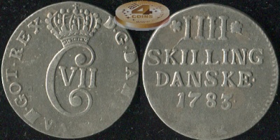 Дания. 4 скиллинга. 1783 (VF. Серебро)