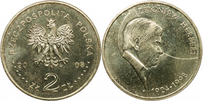Польша. Монета 2 злотых. 2008 (KM#Y.634. Unc) Збигнев Херберт (1924-1998), поэт