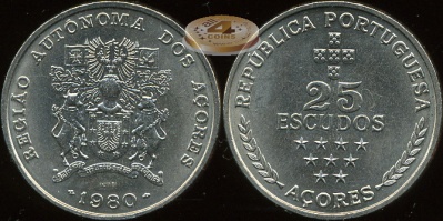 Азорские о-ва. 25 эскудо. 1980 (Unc)