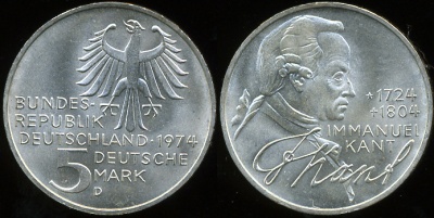 Германия (ФРГ). 5 марок. 1974 (Серебро)
