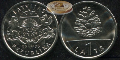 Латвия. Монета 1 лат. 2006 (KM#74. Unc) Сосновая шишка