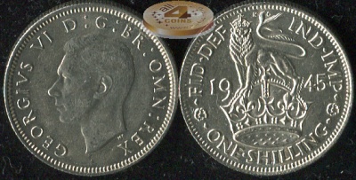 Великобритания. 1 шиллинг. 1945 (Unc. Серебро)