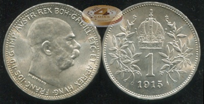 Австро-Венгрия [Австрия]. 1 крона. 1915 (aUnc+/Unc. Серебро)