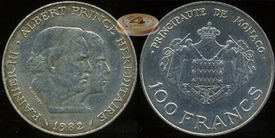Монако. 100 франков. 1982 (aUnc. Серебро)