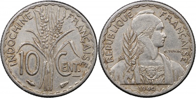Французский Индокитай. Монета 10 сантимов. 1940 (KM#21.1. XF)