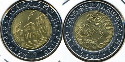 Сан-Марино. 500 лир. 1992 (Unc. Биметалл)