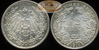 Германия (Кайзер Райх). 1/2 марки. 1916 (D) (XF. Серебро)